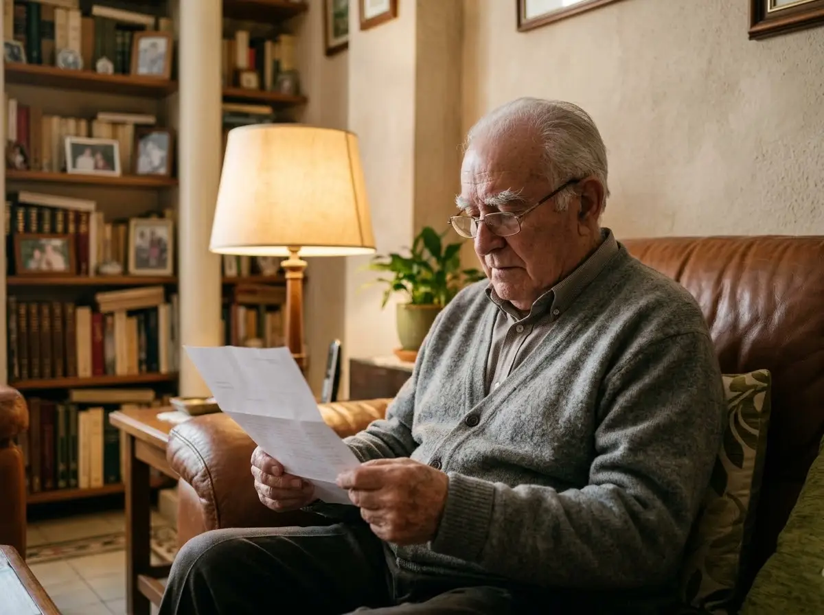 Hombre mayor leyendo una carta en el sofá de su casa