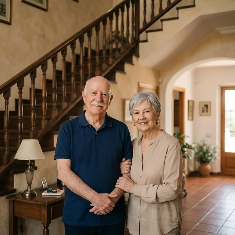 Matrimonio mayor en el recibidor de su casa de dos plantas, junto a la escalera