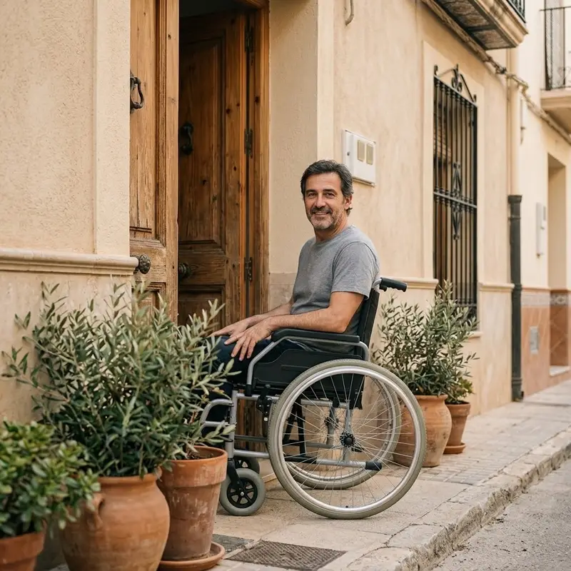 Hombre de mediana edad en silla de ruedas en la puerta de su casa
