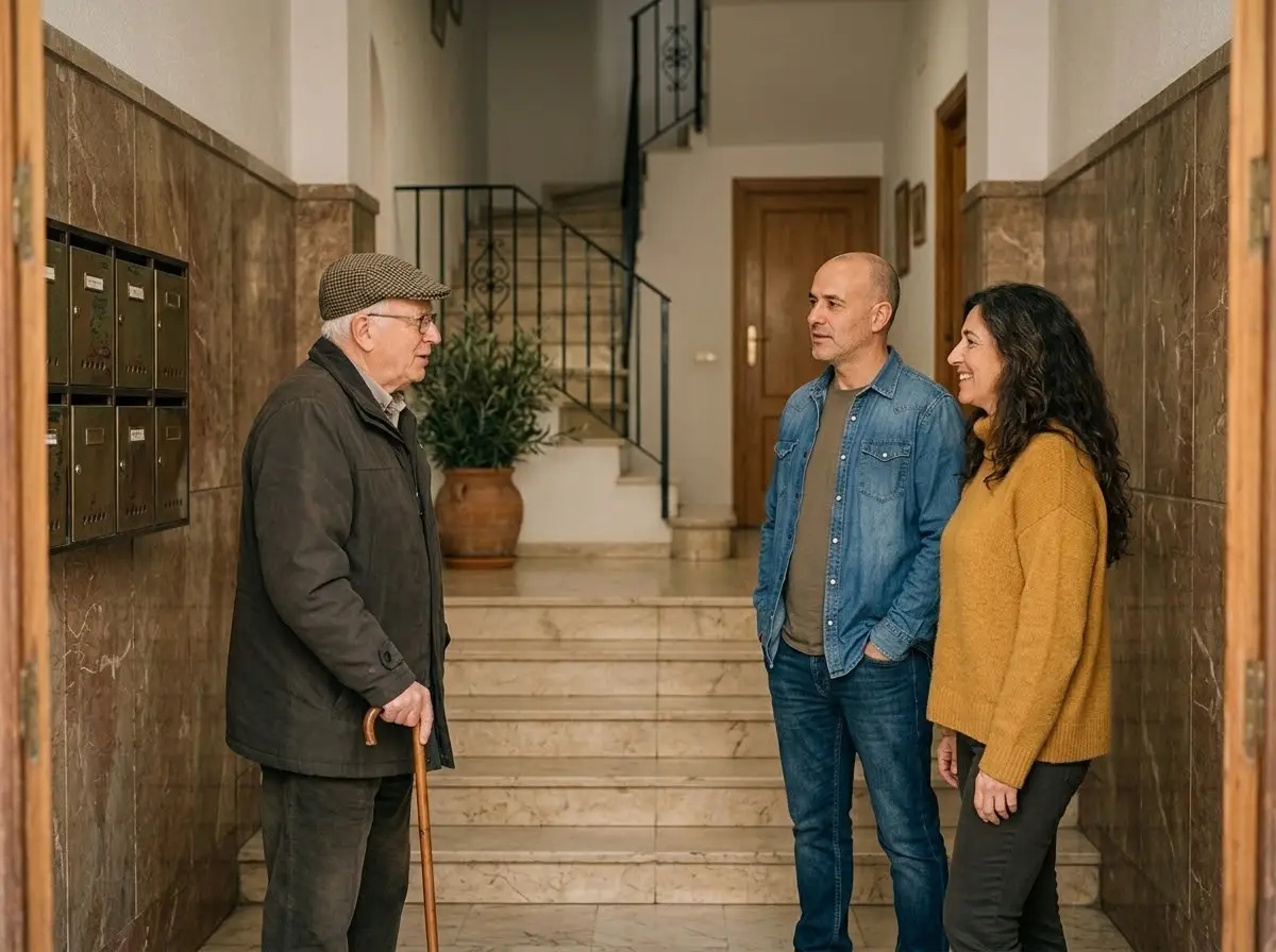 Vecinos de distintas edades hablando en el portal de un edificio antiguo con escalera
