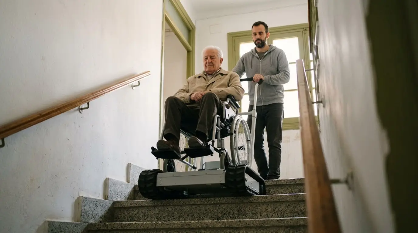 Hombre joven bajando a su padre en silla de ruedas con una oruga salvaescaleras por la escalera de un edificio