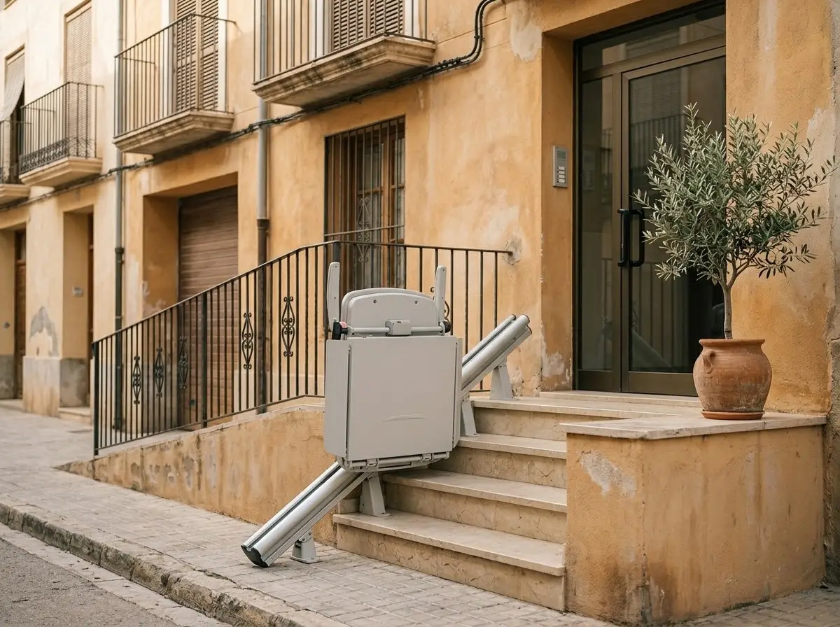 Plataforma salvaescaleras plegada junto a los escalones de entrada de un edificio de viviendas