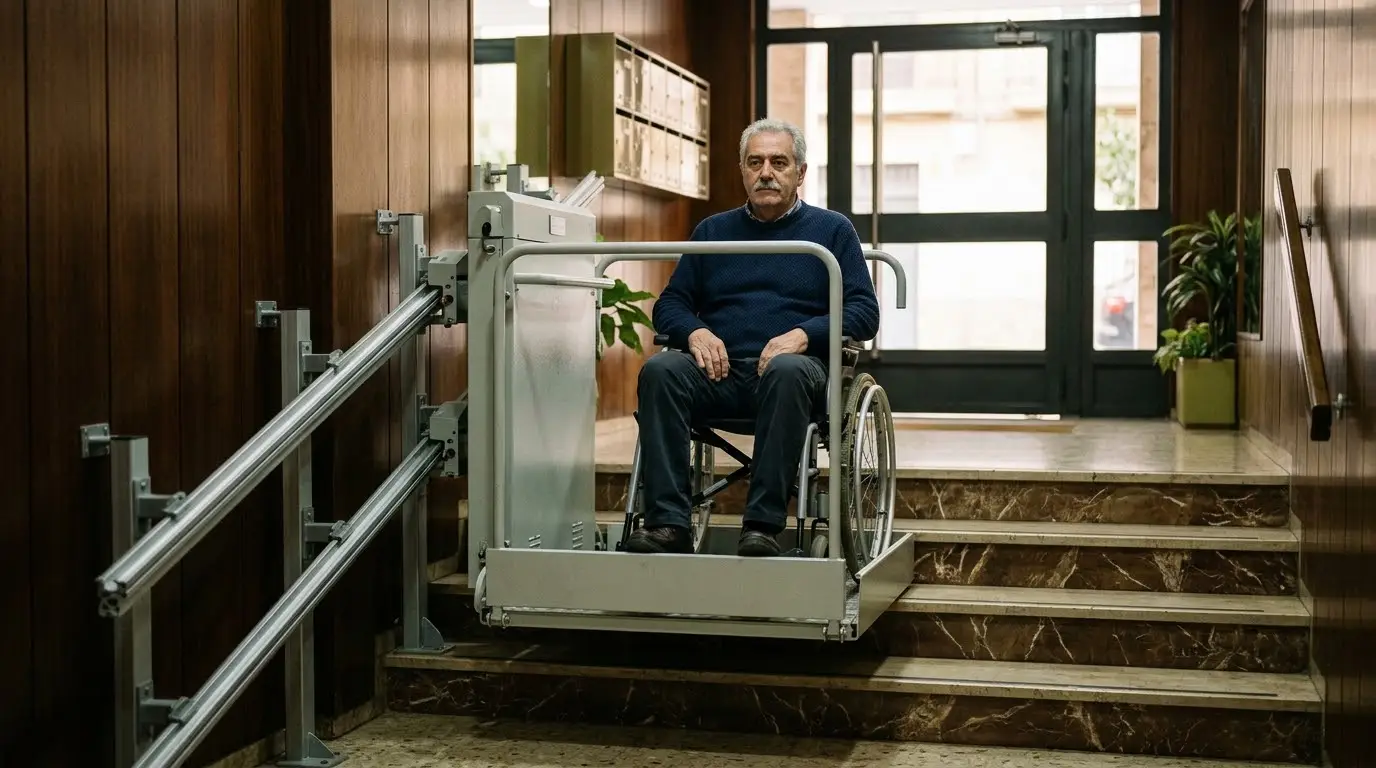 Hombre en silla de ruedas subiendo en una plataforma salvaescaleras por la escalera de un portal