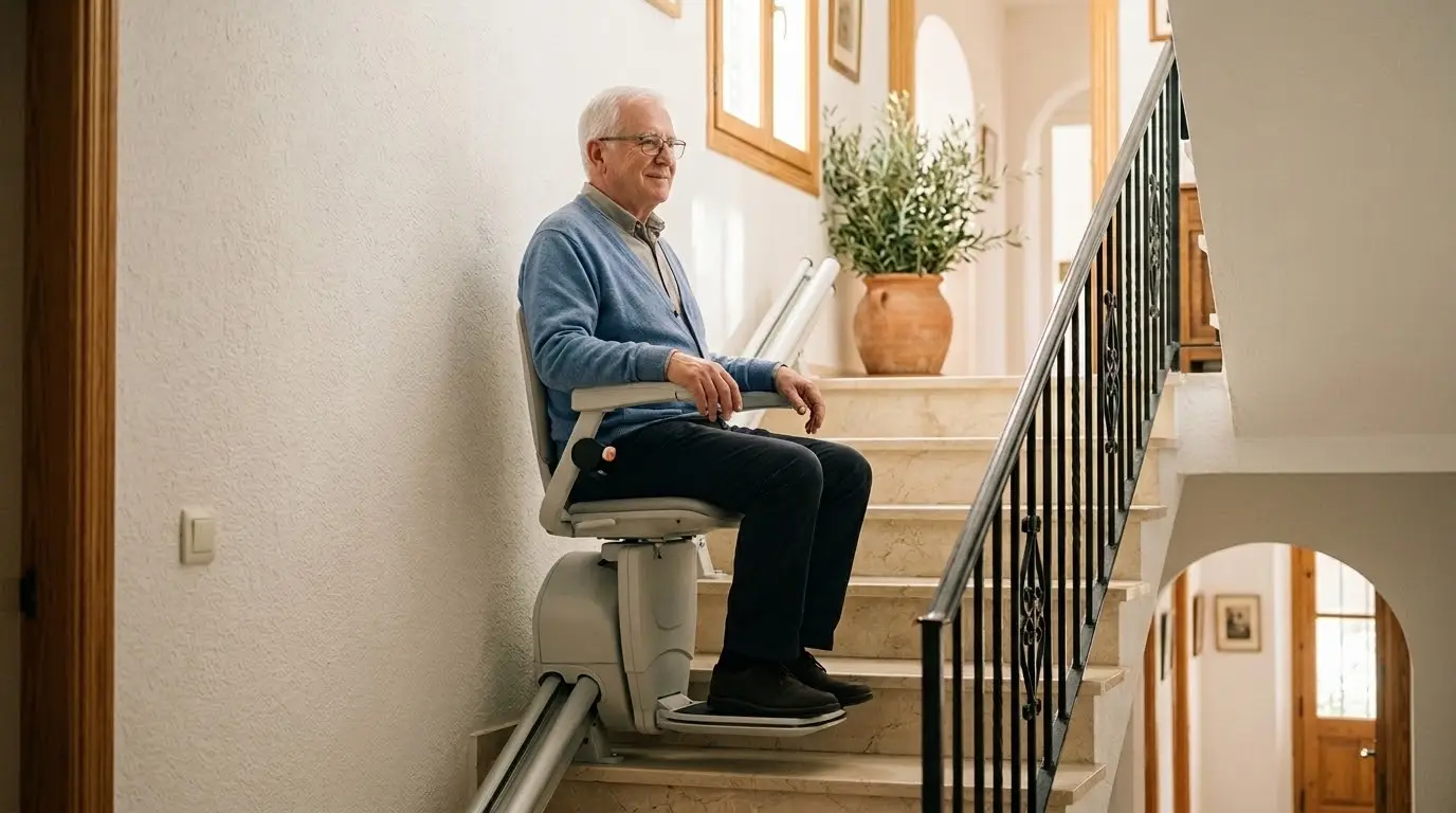 Hombre mayor subiendo sentado en una silla salvaescaleras por la escalera de su casa