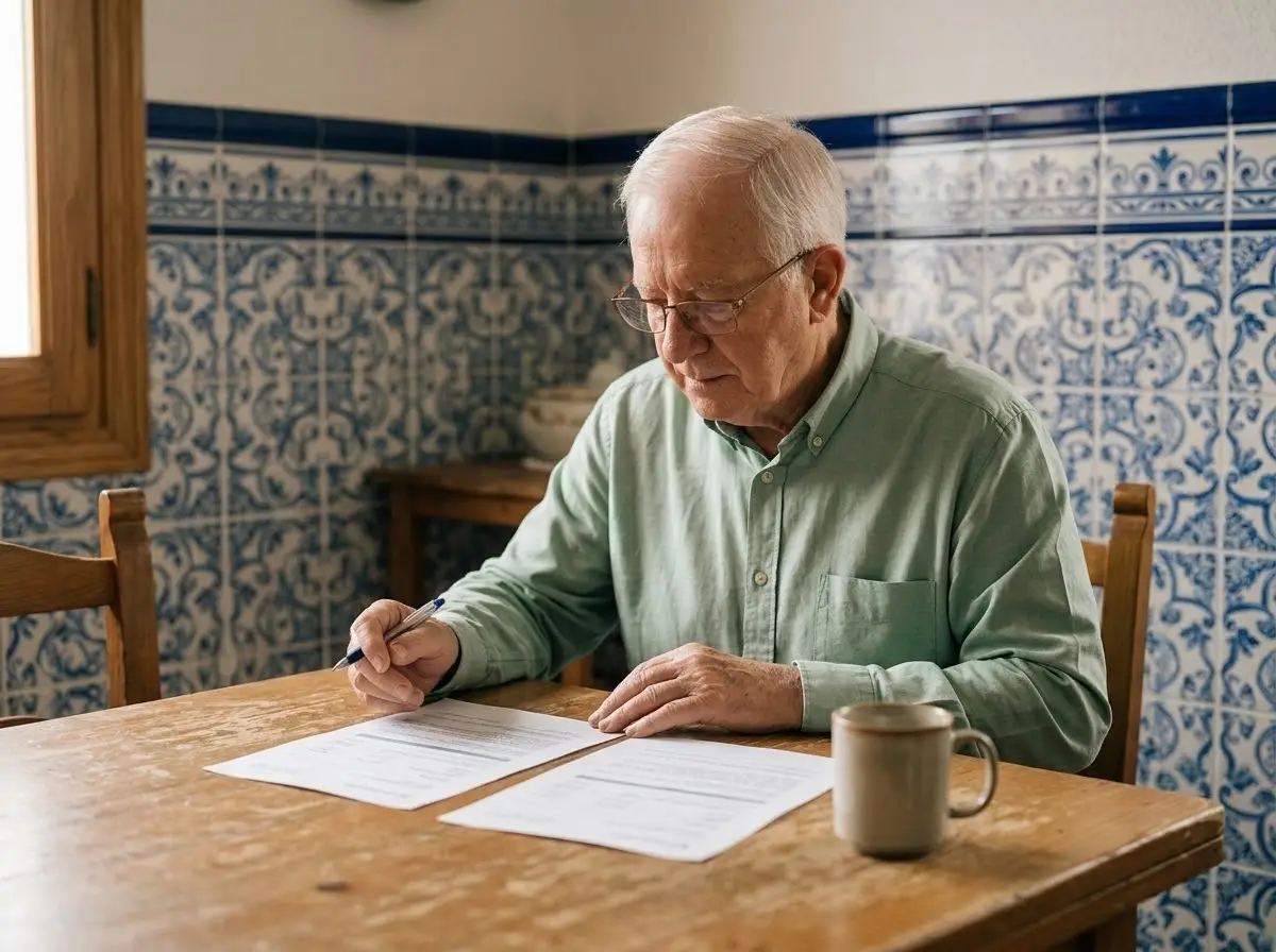 Hombre mayor comparando dos presupuestos en la mesa de la cocina