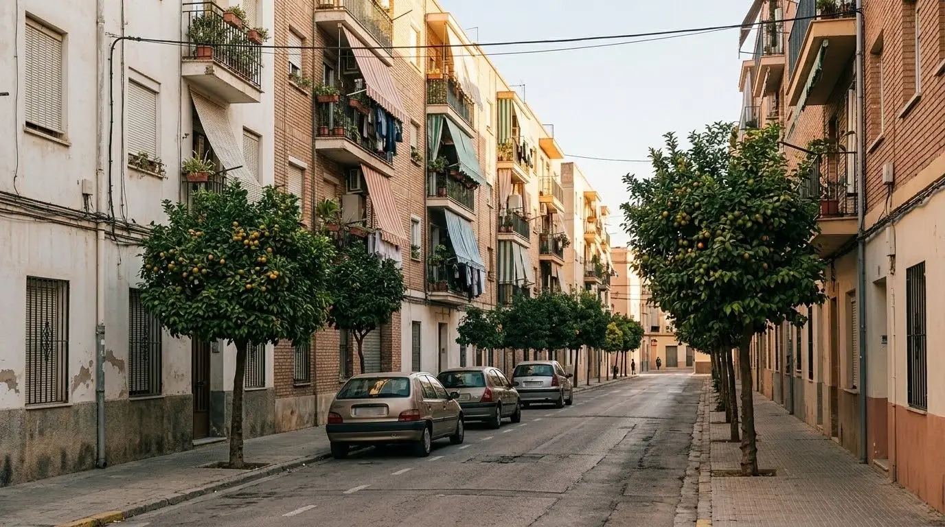 Calle de Quart de Poblet con bloques de viviendas de cuatro alturas