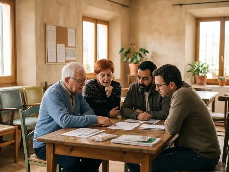 Vecinos revisando papeles en una reunión de la comunidad