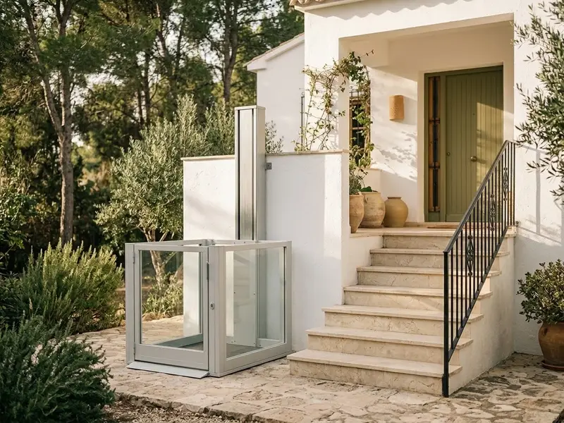 Elevador vertical pequeño junto a los escalones de entrada de una casa