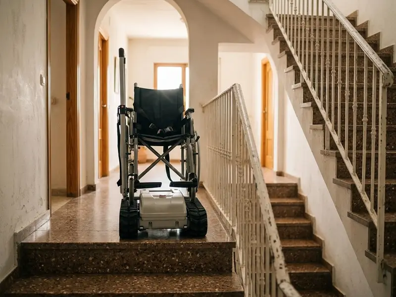 Oruga salvaescaleras con una silla de ruedas en el rellano de una escalera
