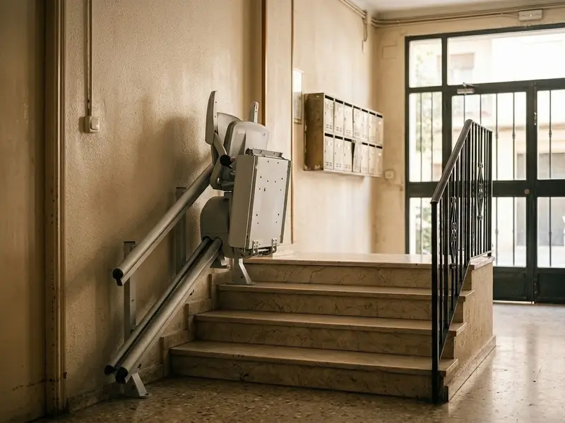 Plataforma salvaescaleras plegada junto a la escalera de un portal