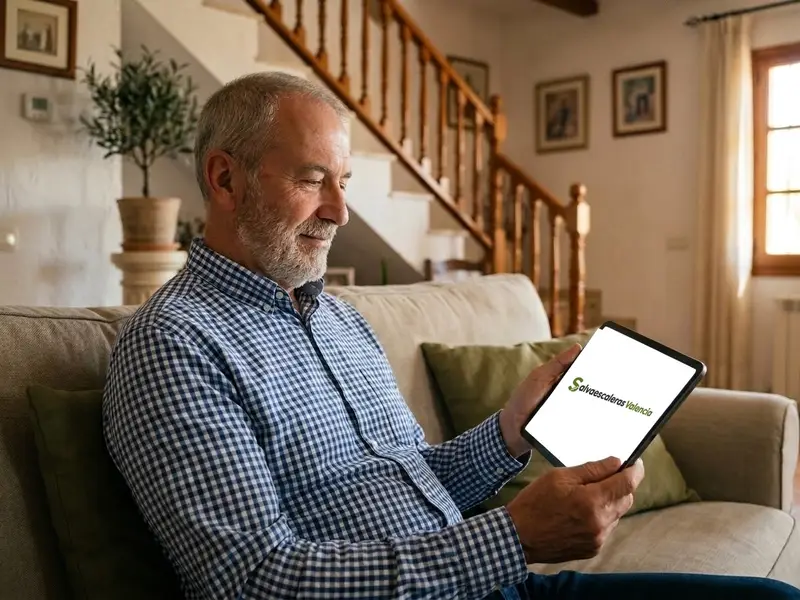 Hombre mayor mirando precios en una tableta en el salón de su casa