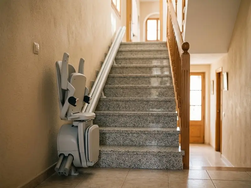 Silla salvaescaleras plegada al pie de la escalera de una casa