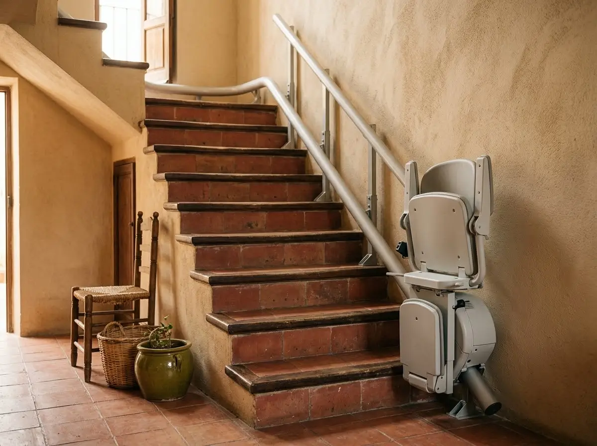 Silla salvaescaleras plegada al pie de una escalera con curva en una casa
