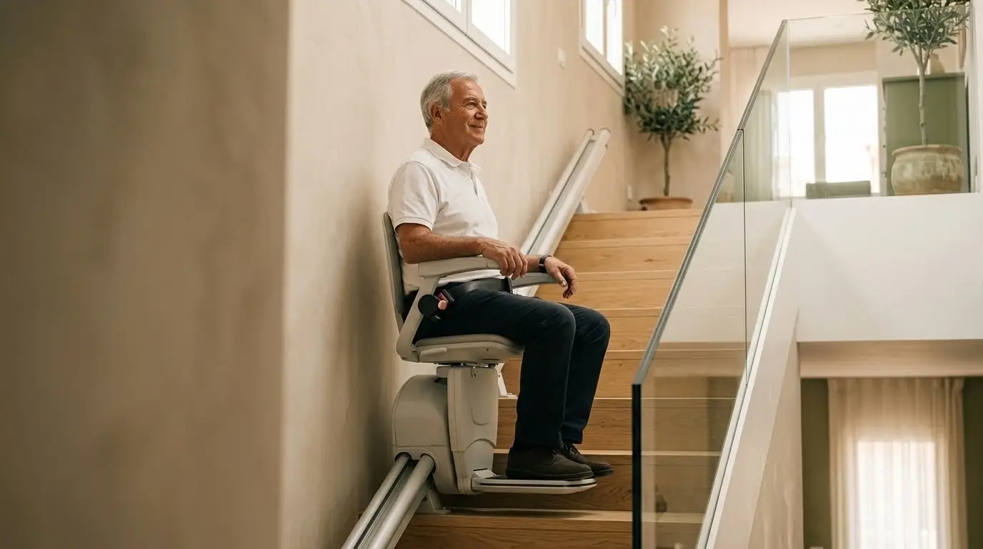 Hombre de unos setenta años subiendo sentado en una silla salvaescaleras por una escalera recta