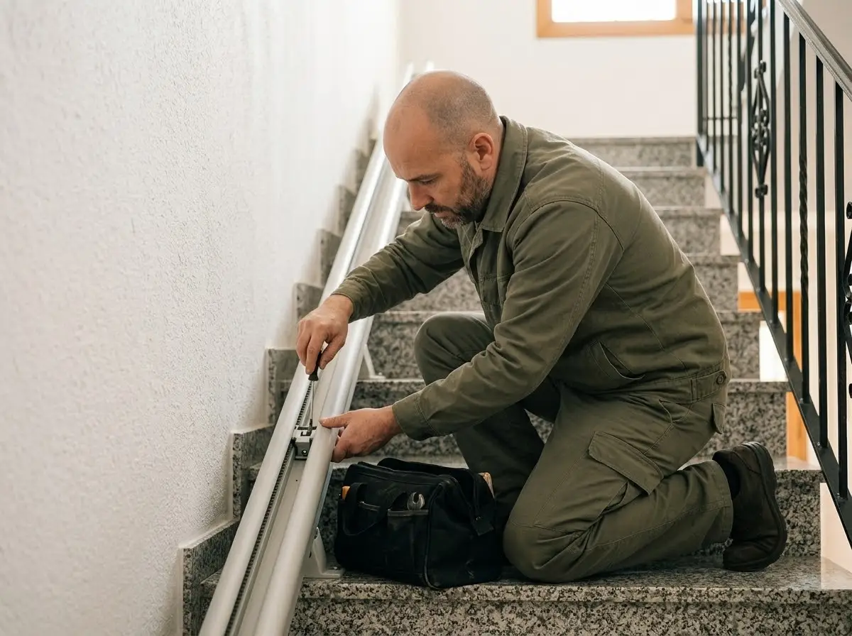 Técnico revisando el raíl de una silla salvaescaleras en una escalera